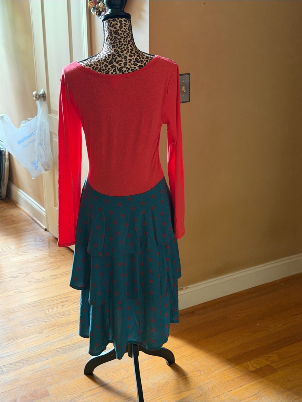 LuLaRoe Teal Tiered Skirt with Coral Polka Dots - Picture 3 of 5
